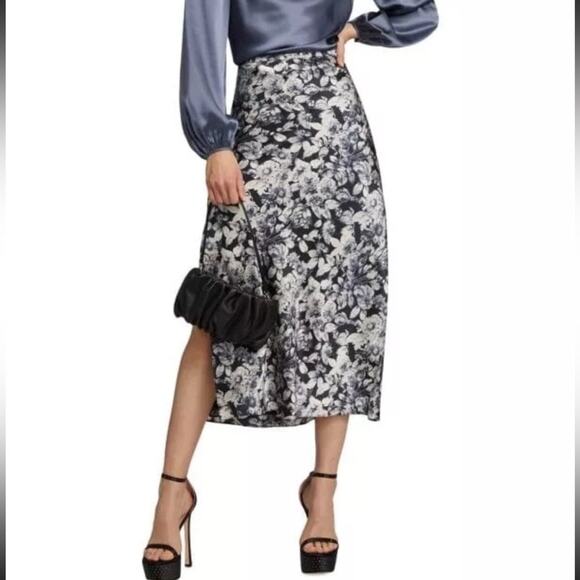 NWOT Cinq a Sept Adis Floral Print Silk Midi Skirt Black Blue Size 00 - Picture 2 of 10